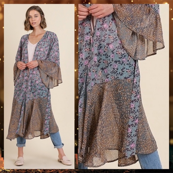 NWOT Umgee Mixed Print Bell Sleeves & Tie Front Kimono - Picture 2 of 5